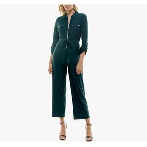 Sharagano Women's 3/4 Roll Sleeve Zip Front Belted Cropped Jumpsuit in Green